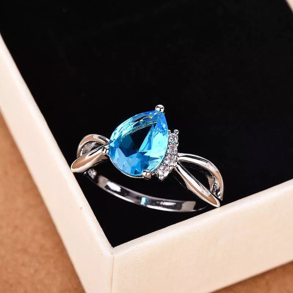 Light Aquamarine CZ Teardrop Cut Ring on a Dainty Sterling Silver Setting